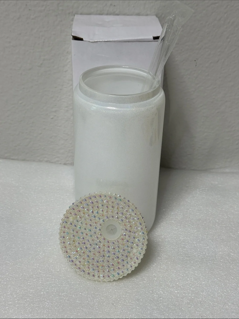 ✨🤍 Iridescent White Glitter Tumbler w/ Rhinestone Lid – Glam Sparkle Cup | 16oz